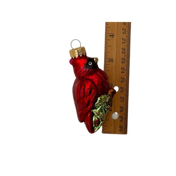 VTG Cardinal on Holly Blown Glass Christmas Ornament 90s 3.5” Unique Treasures - Picture 4 of 4